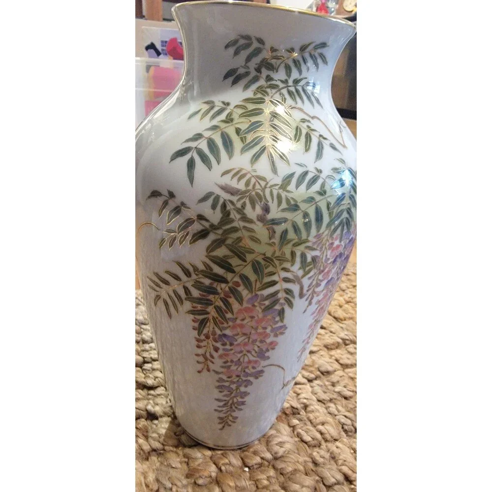 Vintage Shibata Japan Fine Porcelain Vase Flowering Wisteria Vine w Songbird 12